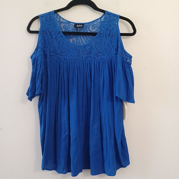Ana Top NWT LG Shoulder Lace‎ Detail Royal Blue Light Flowy Vacation Casual - Picture 1 of 6